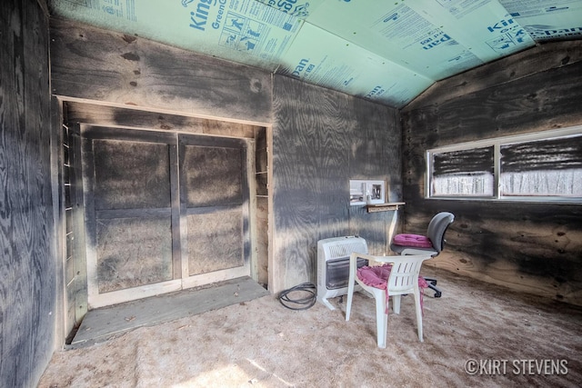 interior space with carpet flooring, vaulted ceiling, and heating unit
