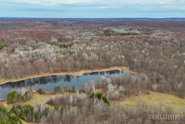 aerial view with a water view and a wooded view