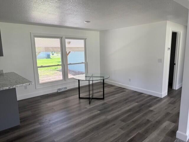 545 W Main St, Centreville, MI 49032 - unfurnished dining area featuring dark wood-style floors, a textured ceiling, visible vents, and baseboards