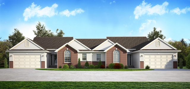 ranch-style home featuring a front lawn, a garage, and brick siding