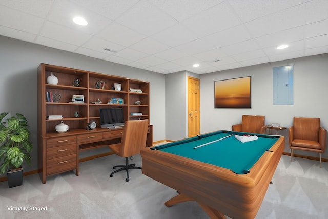 2776 W Hogan Dr, Indiana, IN 46350 - playroom featuring light colored carpet, electric panel, recessed lighting, billiards, and a paneled ceiling