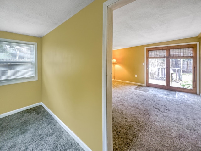 carpeted spare room with baseboards, a textured ceiling, and a healthy amount of sunlight