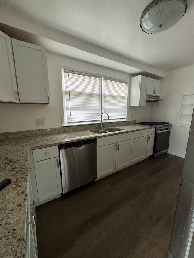 20950 Norwood Dr, Harper Woods, MI 48225 - kitchen with dark wood-type flooring, white cabinetry, under cabinet range hood, a sink, and appliances with stainless steel finishes