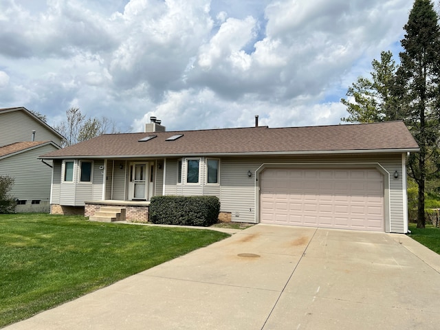 single story home featuring driveway, a chimney, a front yard, an attached garage, and a shingled roof