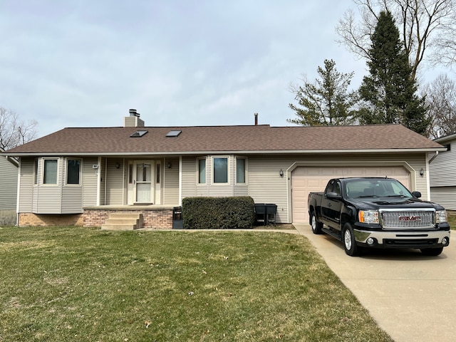ranch-style house featuring a chimney, a garage, a front lawn, concrete driveway, and a shingled roof