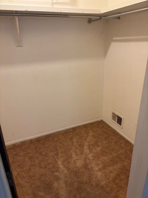 spacious closet with visible vents and dark colored carpet