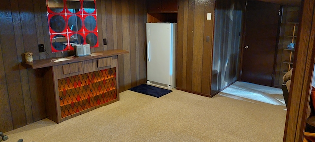 interior space with wooden walls and carpet flooring