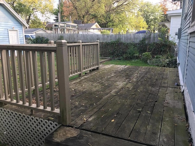 wooden terrace with a fenced backyard
