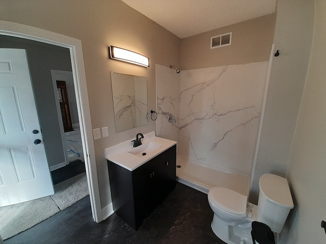 full bathroom with toilet, visible vents, a shower stall, and vanity