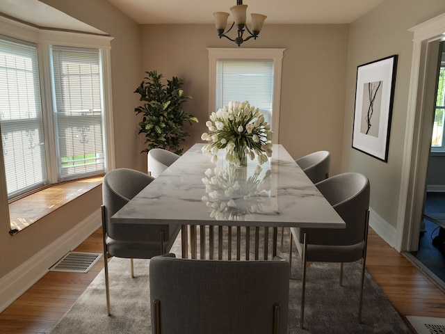 728 W Philadelphia St, Detroit, MI 48202 - dining area featuring a chandelier, wood finished floors, and baseboards