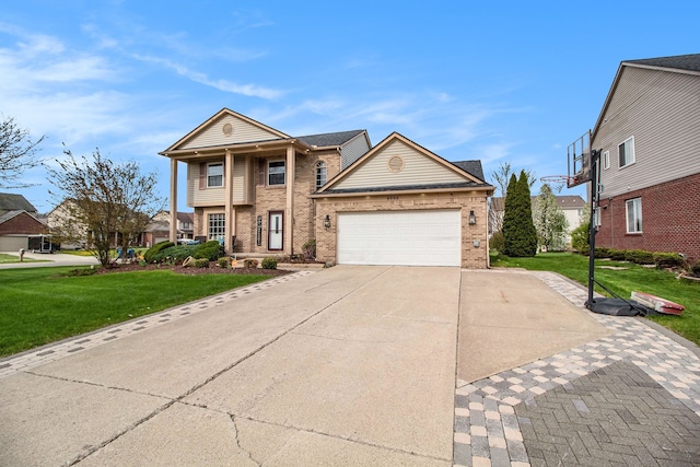 greek revival house with concrete driveway, brick siding, a garage, and a front lawn