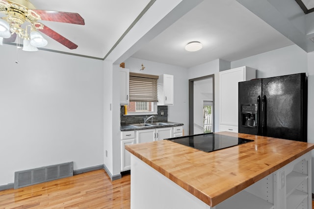 11394 Centralia, Redford, MI 48239 - kitchen featuring white cabinets, a ceiling fan, visible vents, butcher block counters, and black appliances