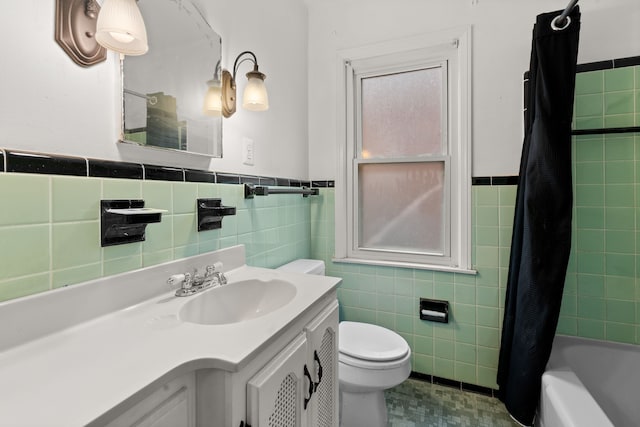 11394 Centralia, Redford, MI 48239 - bathroom with toilet, tile walls, wainscoting, and shower / bath combination with curtain
