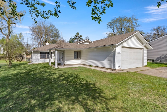 ranch-style home featuring a garage, a front yard, driveway, and roof with shingles