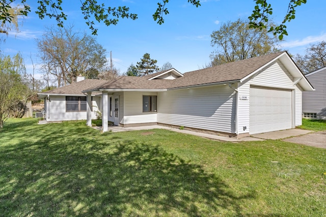 single story home with roof with shingles, a front lawn, aphalt driveway, and an attached garage