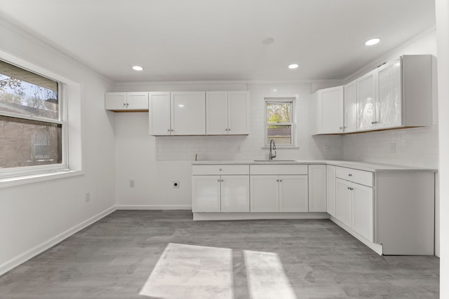 kitchen featuring baseboards, white cabinets, backsplash, and a sink