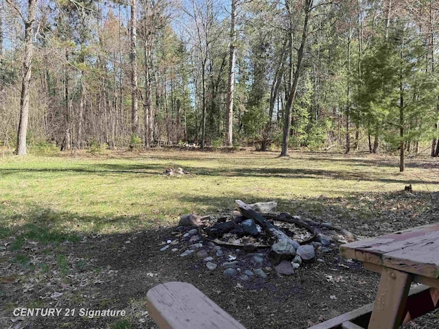 view of yard featuring a forest view