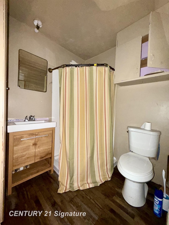 bathroom with wood finished floors, toilet, a shower with curtain, and vanity