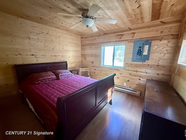 bedroom with wooden walls, electric panel, baseboard heating, and wooden ceiling