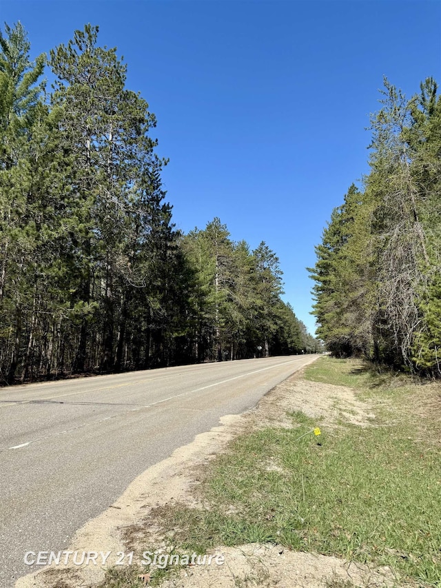view of road with a wooded view
