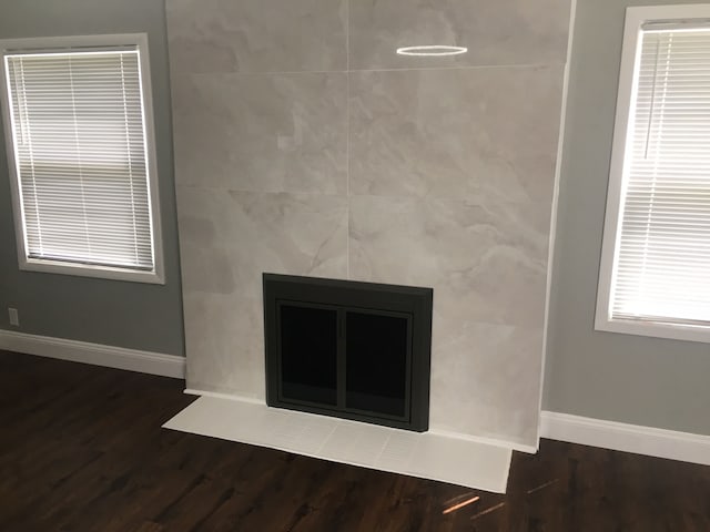 interior details featuring baseboards, wood finished floors, and a tile fireplace