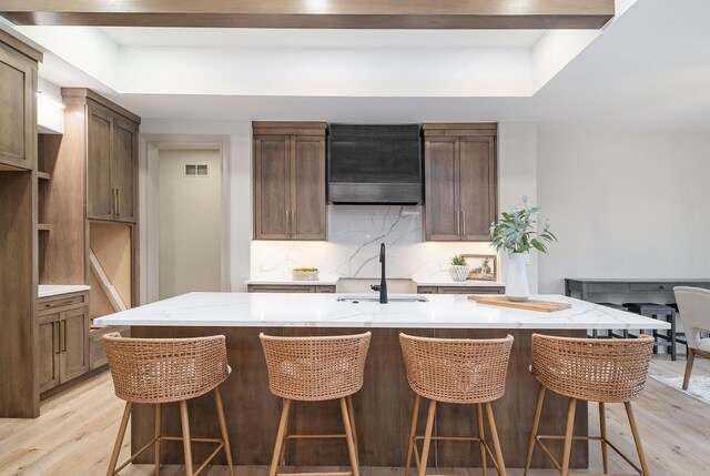 kitchen featuring light wood-type flooring, a sink, a raised ceiling, and visible vents