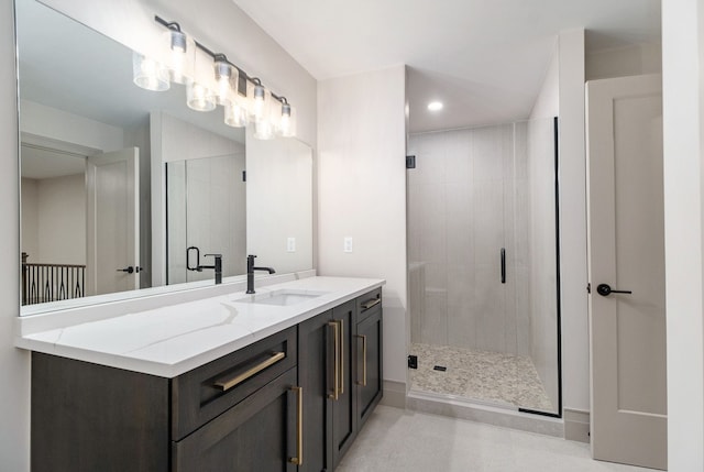 bathroom featuring vanity, recessed lighting, tile patterned floors, and a shower stall