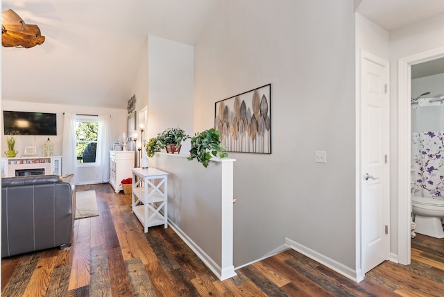 12031 E Schonborn Pl N Unit 3, Clio, MI 48420 - hallway with baseboards, wood finished floors, and lofted ceiling
