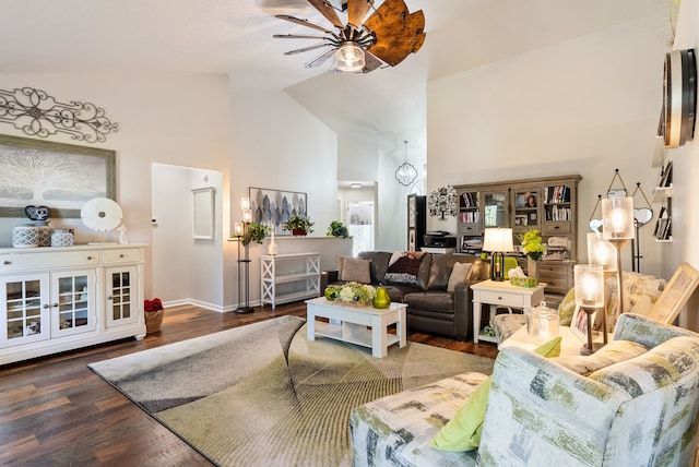 12031 E Schonborn Pl N Unit 3, Clio, MI 48420 - living area with baseboards, a ceiling fan, wood finished floors, and high vaulted ceiling