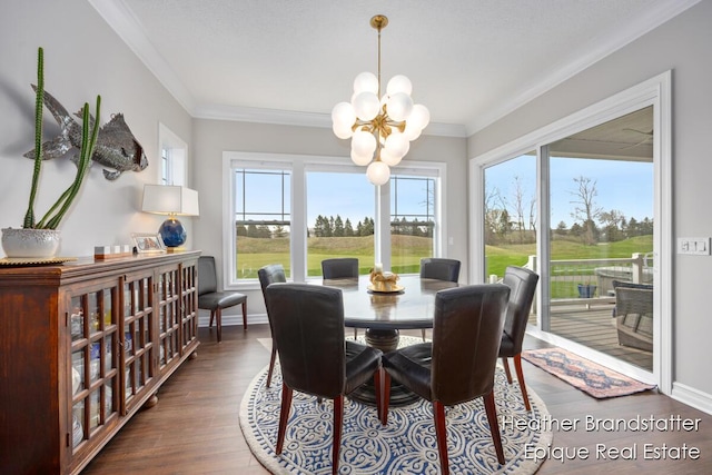 dining space featuring an inviting chandelier, plenty of natural light, dark wood finished floors, and baseboards