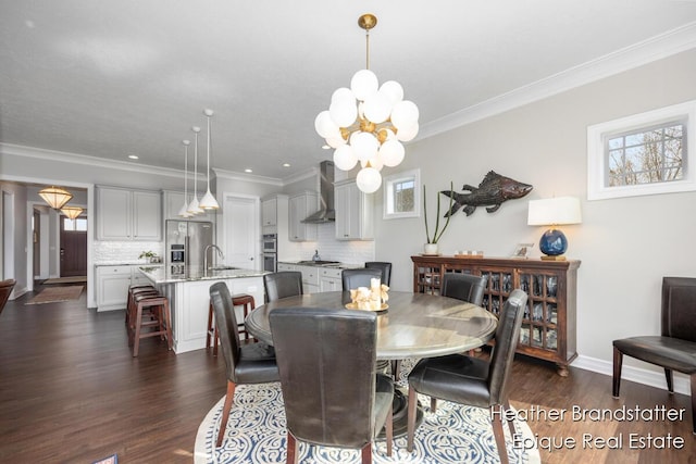 dining area with a wealth of natural light, a chandelier, and dark wood-type flooring