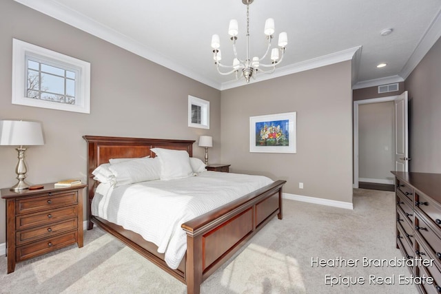 bedroom with ornamental molding, light carpet, baseboards, visible vents, and a notable chandelier