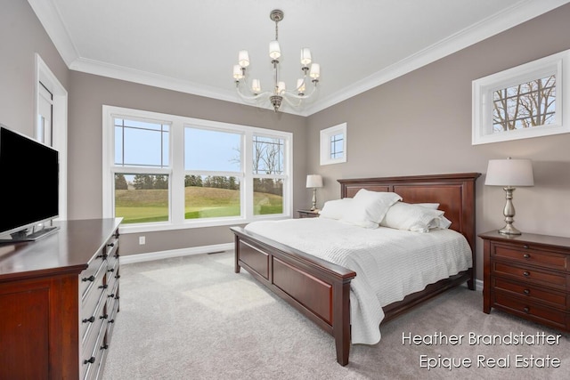 bedroom with ornamental molding, a chandelier, light colored carpet, and baseboards