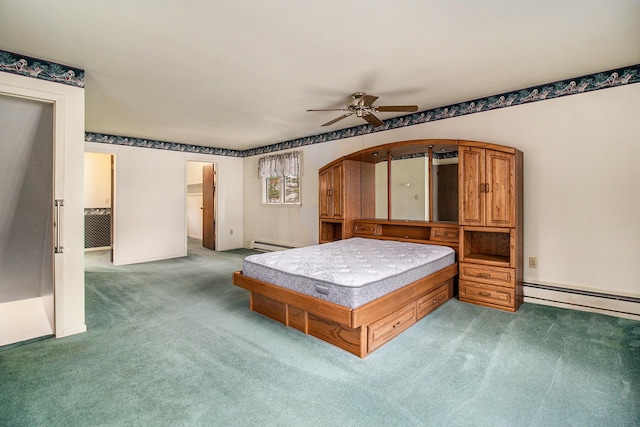 bedroom with ceiling fan, carpet floors, and a baseboard radiator
