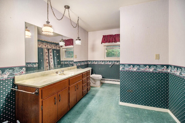 full bath featuring a baseboard radiator, wallpapered walls, a wainscoted wall, toilet, and vanity