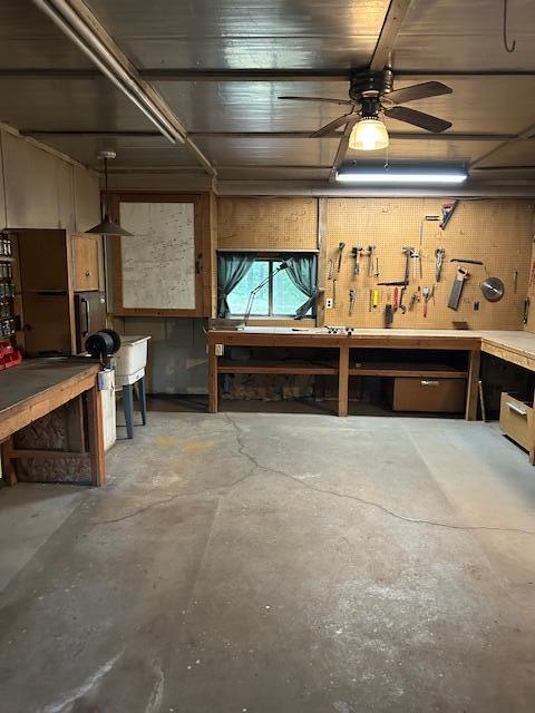 10773 Hamilton Rd, Irons, MI 49644 - below grade area with a workshop area and ceiling fan