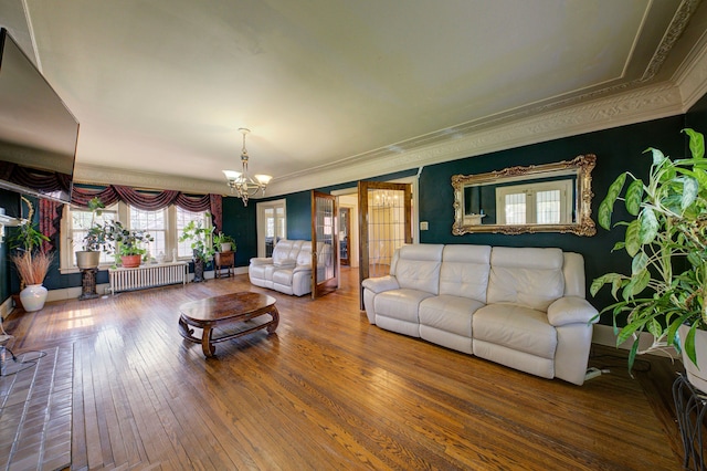 living room with wood-type flooring, an inviting chandelier, ornamental molding, and radiator