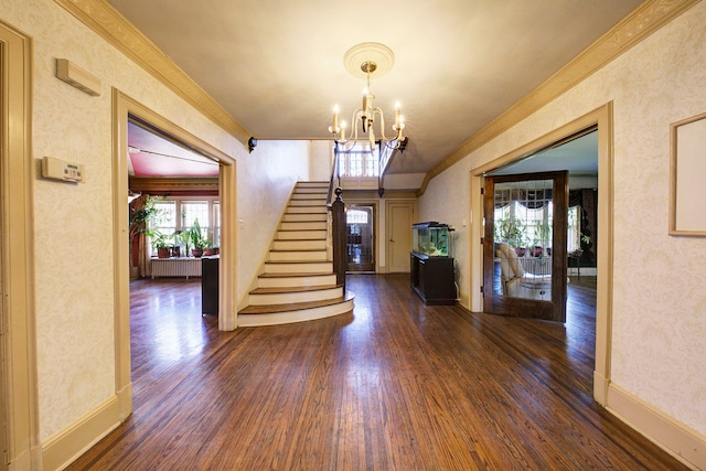 entrance foyer featuring stairs, dark wood-style flooring, crown molding, and a notable chandelier
