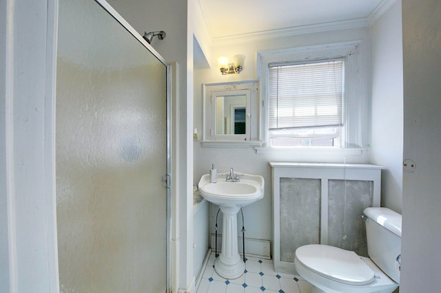 full bath with tile patterned floors, ornamental molding, a stall shower, and toilet