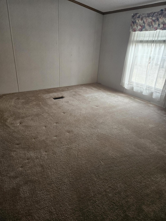 empty room with carpet, visible vents, and ornamental molding