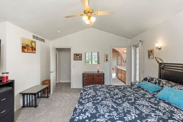 bedroom with multiple windows, light carpet, baseboards, lofted ceiling, and visible vents