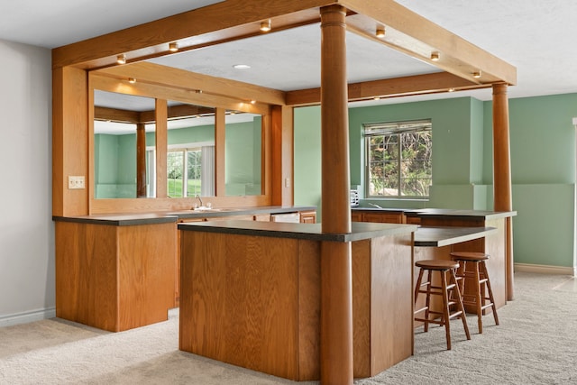 bar with baseboards, a sink, dishwasher, and light carpet