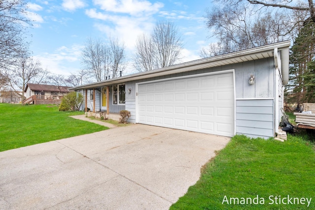 ranch-style house with a porch, concrete driveway, a front yard, and a garage