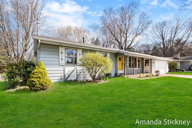 ranch-style house featuring concrete driveway, a front yard, and an attached garage