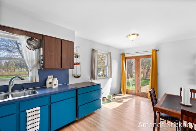 kitchen featuring dark countertops, light wood-style floors, and a sink