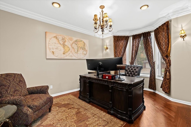 office space featuring baseboards, a chandelier, ornamental molding, and wood finished floors