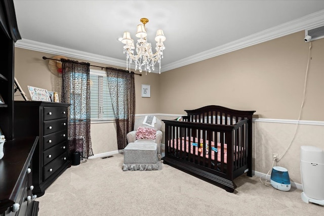 bedroom with carpet floors, a chandelier, and ornamental molding