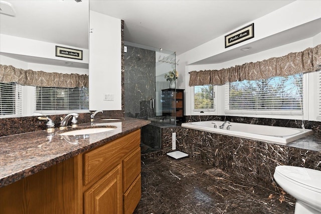 full bath featuring vanity, toilet, a marble finish shower, marble finish floor, and a bath