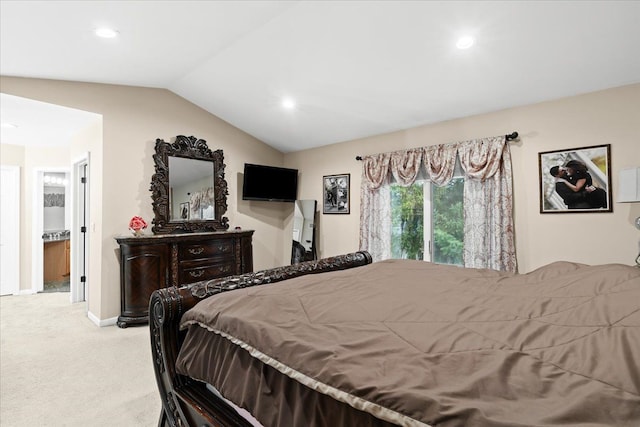 bedroom with baseboards, lofted ceiling, recessed lighting, and light colored carpet