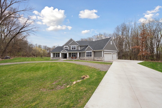 craftsman-style house featuring a garage, covered porch, a front yard, stone siding, and concrete driveway